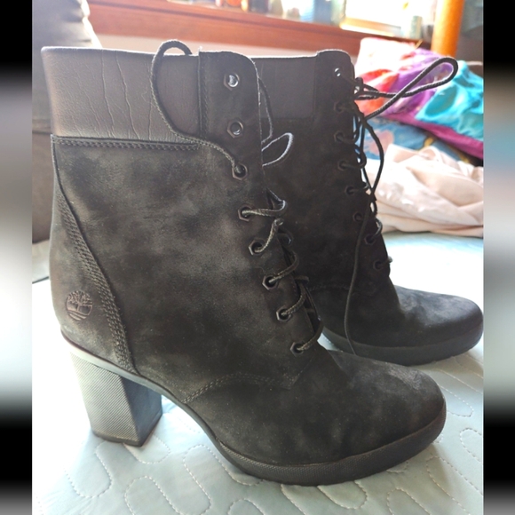 Timberland ortholite black high heel lace up black suede boots ladies 9 - Picture 1 of 9